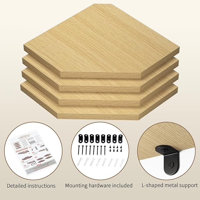 Corner Shelf Wall Mount, Corner Floating Shelves, Set of 4 Corner Wall Shelf Organizer, Rustic Wood Wall Storage Display Shelves for Living Room Bedroom Bathroom Kitchen, Oak-NeatNest