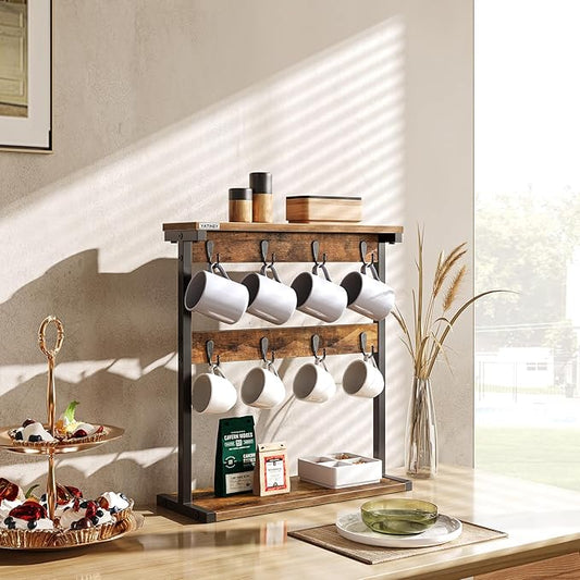 Coffee Mug Holder for Counter, 2 Tier Mug Tree Rack, with 8 Hook and 2 Open Shelves, Vintage Mug Holder Stand for Home Kitchen, Rustic Brown MH43BR-NeatNest