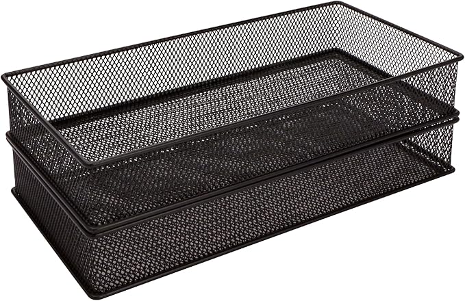Annova Mesh Stackable Drawer Cabinet and Shelf Organizer Bins Storage Basket School Office Supply Holder Tray- Set of 2 (Black, 6x12x2 Inch)-NeatNest