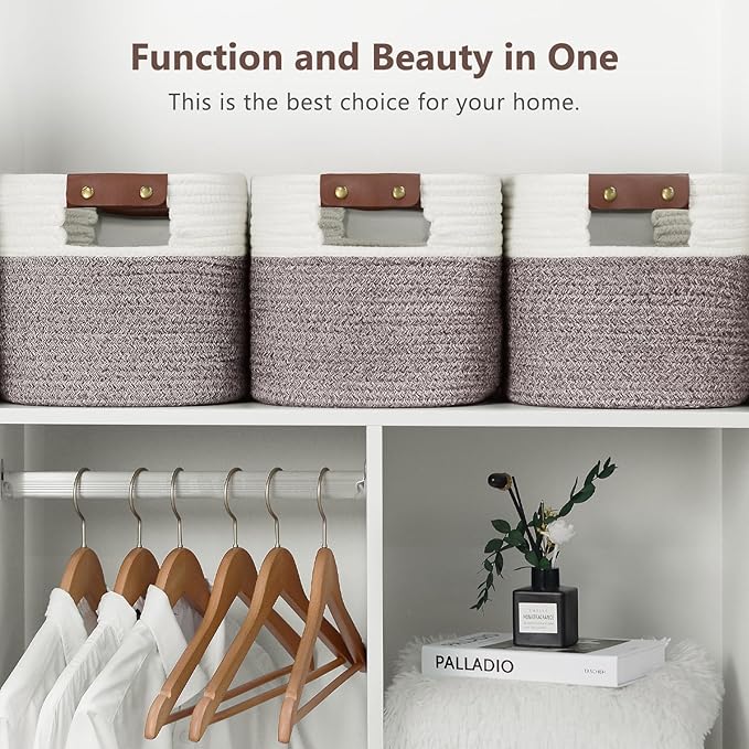 Cotton Rope Basket , Storage Baskets with Handle, 15x10x9 Inch Woven Basket for Shelves, Laundry, Towels, Clothes, Books, Toys (White Brown 3 Pack)-NeatNest
