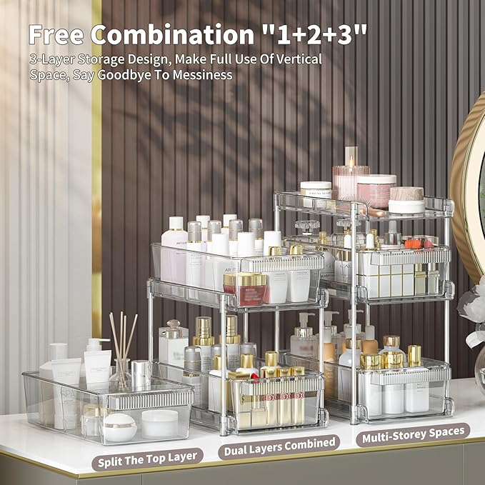 Clear Bathroom Organizers 2 Sets 3 Tier, Pull Out Organizer and Storage with 2 Cups, Slide Out Drawer Storage Container with 6 Dividers, Multi-Purpose Bathroom Organizer, Kitchen Under Sink Organizer-NeatNest