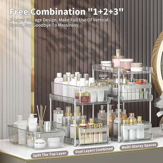 Clear Bathroom Organizers 2 Sets 3 Tier, Pull Out Organizer and Storage with 2 Cups, Slide Out Drawer Storage Container with 6 Dividers, Multi-Purpose Bathroom Organizer, Kitchen Under Sink Organizer-NeatNest