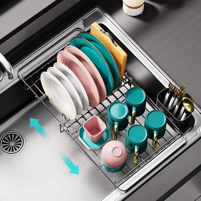 Expandable in Sink Dish Drying Rack - Adjustable Dish Rack in Sink, Rustproof Dish Drainer for Kitchen Counter, Dish Strainer with Utensil Holder, Sink Rack Fit for 13"-18" Kitchen Sink