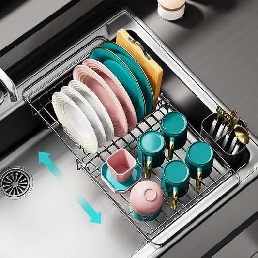 Expandable in Sink Dish Drying Rack - Adjustable Dish Rack in Sink, Rustproof Dish Drainer for Kitchen Counter, Dish Strainer with Utensil Holder, Sink Rack Fit for 13"-18" Kitchen Sink