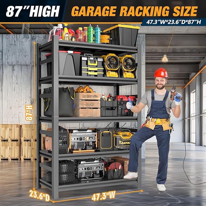 Heavy Duty Commercial Metal Garage Shelving Rack,Adjustable Industrial Steel Storage Shelves for Warehouse, Garage, Basement, 87" H x 47.2" W x 23.6" D, Black-NeatNest