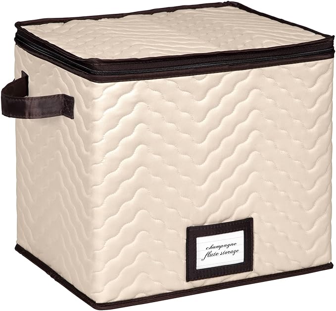 Champagne Flute Glass Storage Box with Dividers - Holds 12 Champagne Flute Glass up to 3" Wide - Stemware Storage Case - Protects Fine China - Durable Quilted Microfiber Bin with Carry Handles-NeatNest