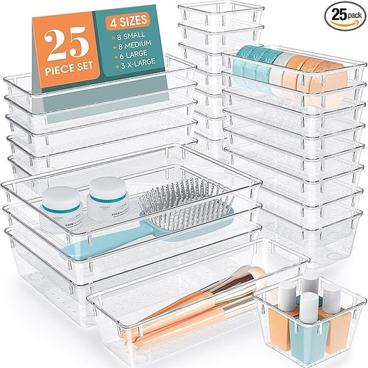 25 PCS Drawer Organizer Set, 4 Varied Size Bathroom and kitchen Drawer cabinet organizer Trays, Clear Storage Bins for Makeup, Jewelry, Utensils and Gadgets-NeatNest