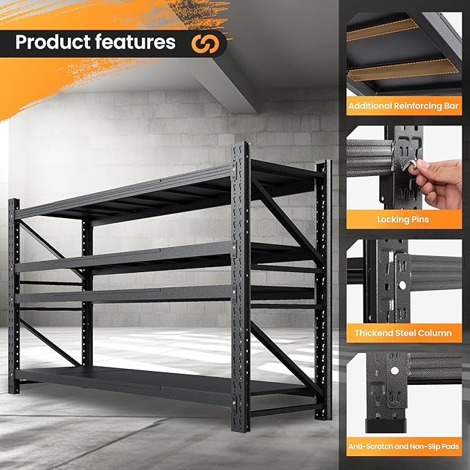 68” W Metal Shelf Heavy Duty, 8000LBS Metal Garage Shelving Units, 4 Tier Storage rack shelves, Steel Industrial Shelving , Adjustable Standing Shelf for Basement/Warehouse 68"W x 24"D x 64"H, Black-NeatNest