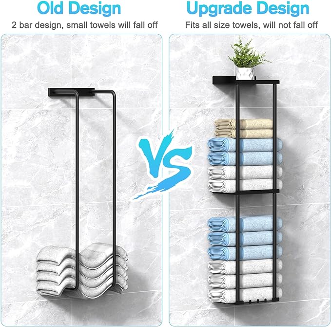 Towel Rack for Bathroom, Wall Mounted Vertical Rolled Towel Storage Organizer Holder with Shelf, Holds Up 6 Large Bath Sheets, Black