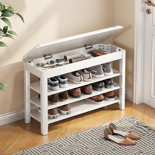 Shoe Rack Bench Seat Rubberwood 3-Tier Wooden Storage Bench 550lbs Compact Mid-Century Modern Design for Entryway, Hallway, Closet, Front Door Entrance, Foyer-NeatNest