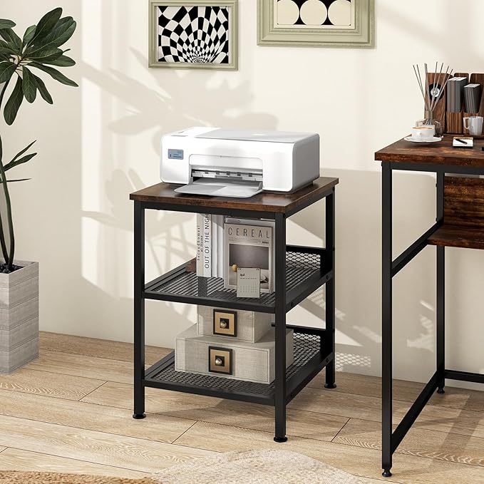Giantex 3-Tier End Table Set of 2, Industrial Telephone Table with 2 Mesh Storage Shelves, Metal Frame, 16 Inch Square Sofa Side Table Nightstand for Living Room, Bedroom, Small Space, Rustic Brown