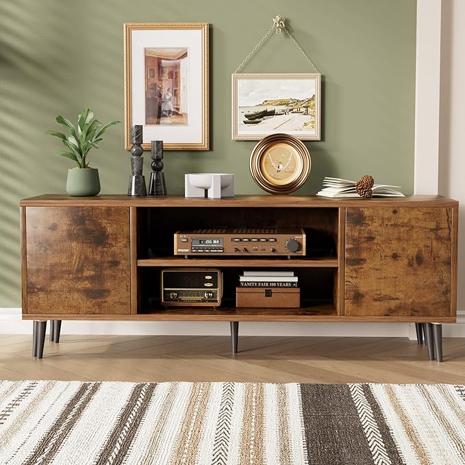 JUMMICO TV Stand for 65 Inch TV, Mid Century Modern TV Stand, Entertainment Center with Storage Cabinet and Open Shelves, TV Console Table Media Cabinet for Living Room, and Bedroom (Rustic Brown)-NeatNest
