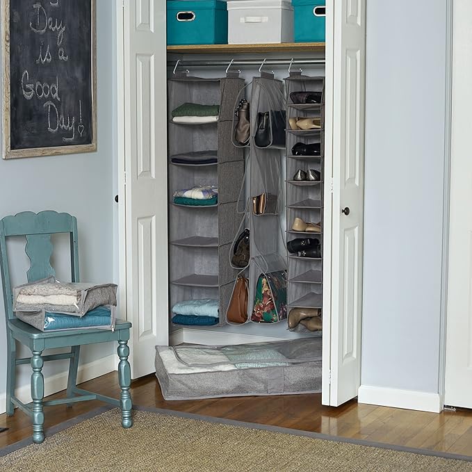 Household Essentials 10-Shelf Wide Hanging Shoe Organizer, Soft and Durable Polyester, Versatile, Breathable, Stylish, Compact, Sturdy Hooks for Rod or Wire Closets, Gray-NeatNest