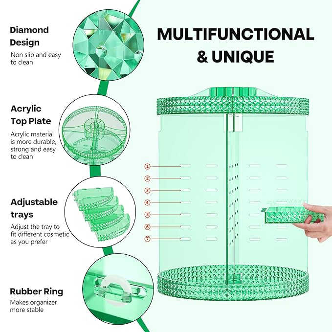 360 Degree Rotating Makeup Organizer, Extra Large Capacity Organizador De Maquillaje, Removable DIY 7 Layers Cosmetics Organizer, Acrylic Perfume Organizer for Vanity Countertop (Green)-NeatNest