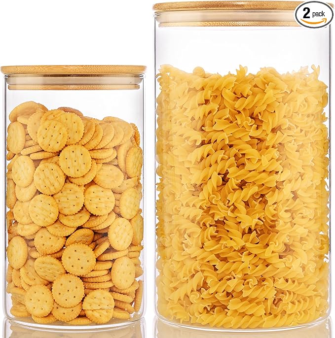 Extra Large Glass Flour and Sugar Storage Containers with Airtight Lid,132 floz x1 & 65 floz x1 [Set of 2] Big Glass Jars with Bamboo Lids, Air Tight Food Jar for Cereal, Pasta, Rice, Coffee-NeatNest