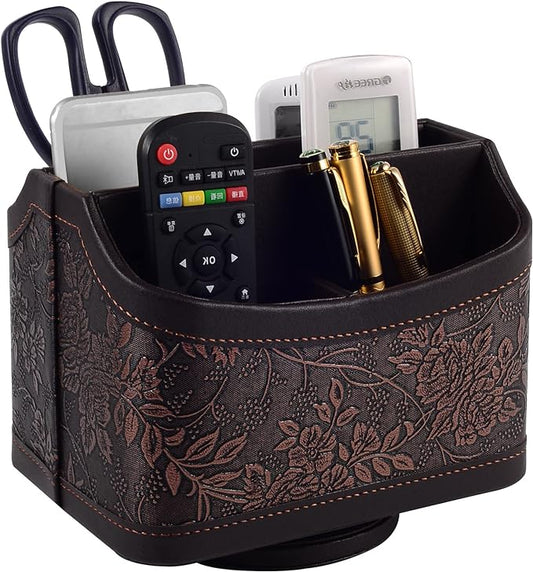 Antique Leather Remote Control Holder 360 Degree Spinning,Desk Rotating Organizer/Caddy for TV Remote Controllers,Pen,Calculator Media Player,DVD,Office Supplies,Mobile Phone Storage Box (Retro)-NeatNest