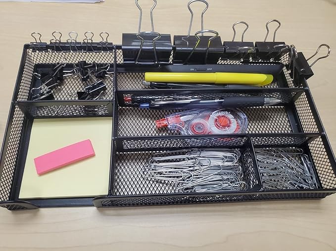 Desk Drawer Organizer Tray, Metal Mesh Drawer Office Drawer Organizer w/6 Compartment, Small Desk Organizer Tray for Home Office School Supplies, Desktop, 11X 6 X 1.45in, Black-NeatNest