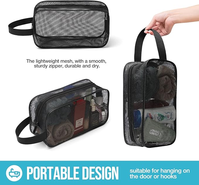 Mesh Shower Caddy Mash Shower Bag Black Portable Mesh Accessories Organizer Tote for Gym College Dorm Room (Black)-NeatNest