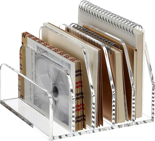 SANRUI Acrylic Desk File Organizer Holder for Desk, Clear Laddered 5 Upright Compartments Mail Sorters, Multifunction Desktop Envelope Folder Racks Document Holders for Office, Home, School-NeatNest