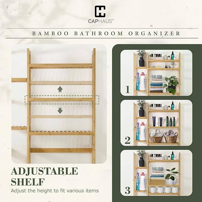 CAPHAUS Over The Toilet Storage Shelf,7-Tier Bamboo Bathroom Organizer Shelf Rack Over Toilet with Adjustable Feet & Hooks, Freestanding Toilet Shelf for Bathroom Laundry Balcony Plant Stand,Natural-NeatNest