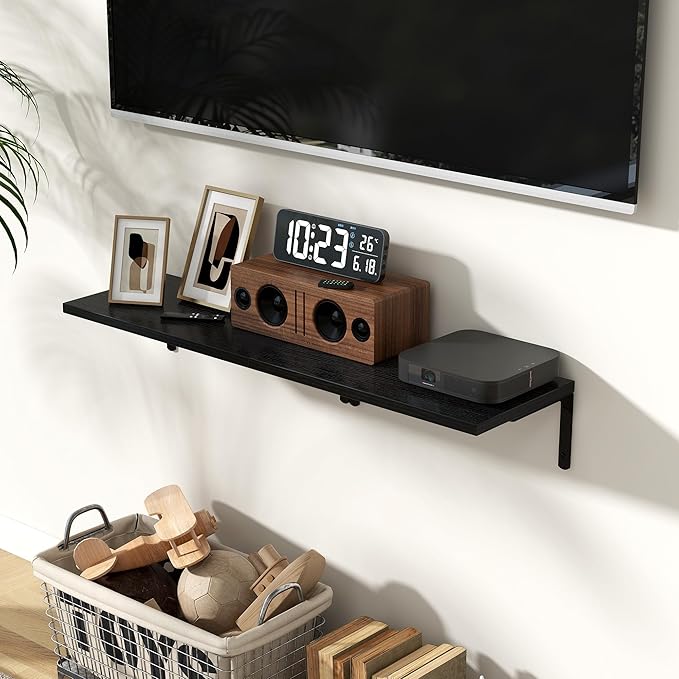 Fun Memories Deep Floating Shelves, 16W x 8D Floating Shelves Set of 2, Wall Mounted Shelf with Metal Brackets, Rustic Wood Wall Shelf for Bathroom, Kitchen and Living Room, Black-NeatNest