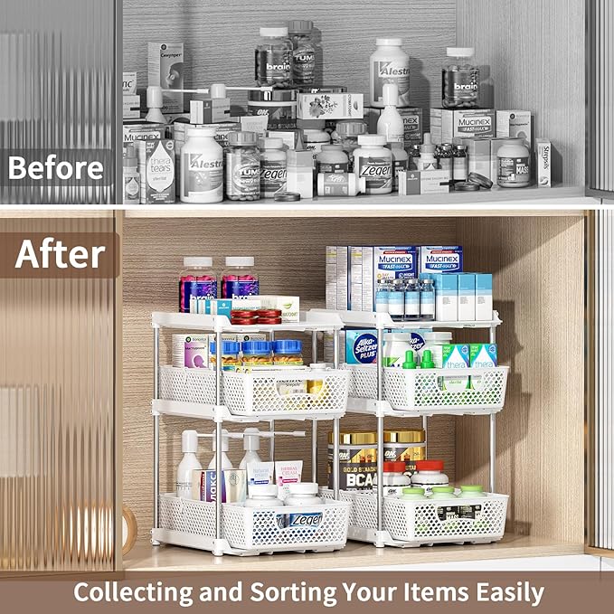2Pcs 3 Tier Bathroom Organizers, WIDER BOLDER Pull Out Under Sink Organizer with Dividers, Kitchen and Bathroom Storage Cabinet - White-NeatNest