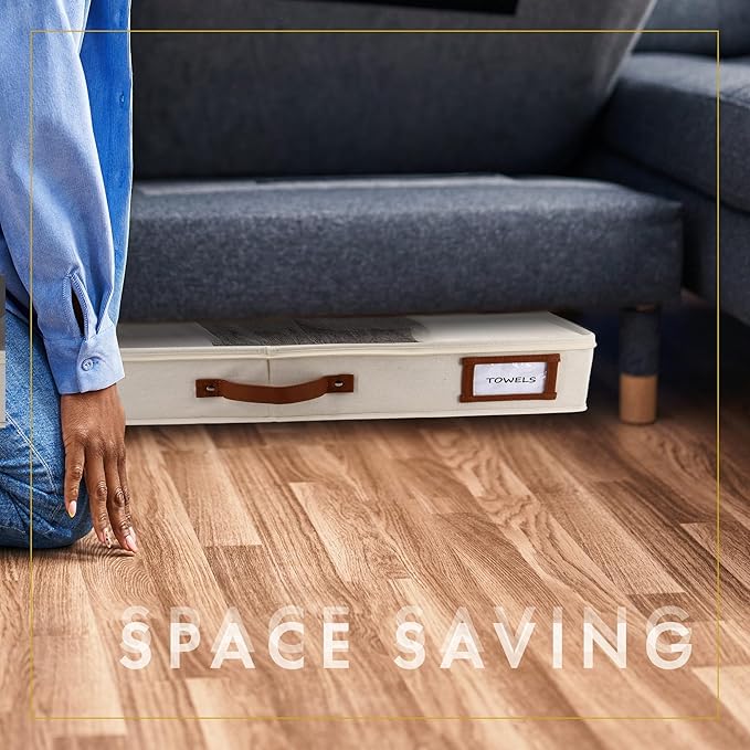 HOMELUX THEORY 2pc Low Profile Under Bed Storage Containers, Thin Under Couch Storage Organizer with Bins & Lids, Underbed Storage Box Ideal for Seasonal Clothes, Blankets, Fabric & Shoes (Ivory)-NeatNest