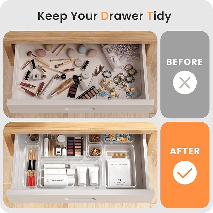 A-LuGei 【𝟯𝟬𝗣𝗰𝘀】【𝟱𝗦𝗶𝘇𝗲】 Drawer Organizer, Bathroom Organizers and Storage, Makeup organizer, Desk drawer organizer, Storage Bins for Kitchen Office Bedroom Vanity Tool Trays【𝐂𝐥𝐞𝐚𝐫】-NeatNest
