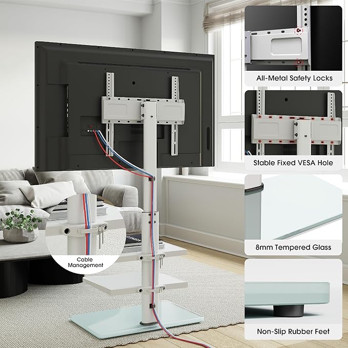 Floor TV Stand with 2 Shelves for 32-65" TVs, Swivel Floor TV Standing Stand with Tilting, 8 Level Height Adjustable Tall Stand for Living Room/Bedroom, Holds up to 88 lbs, MAX VESA 400x400mm-NeatNest