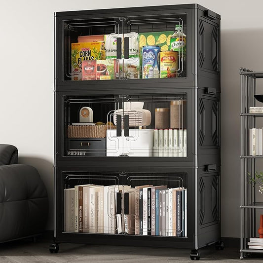 90GAL Stackable Storage Bins with Wheels and Lids, Collapsible Closet Organizers and Storage, Home Organization and Storage Cabinet, Plastic Clothes Storage Box Shelf, Black