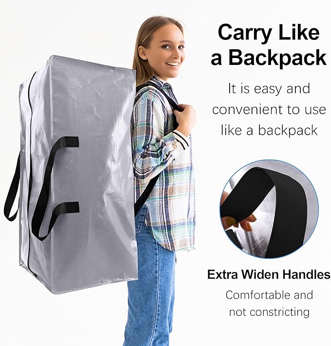 6 Pack Heavy Duty Extra Large Moving Bags W/Backpack Straps - Strong Handles & Zippers, Storage Totes For Space Saving, Fold Flat, Alternative to Box and Bin (40 gal, Silver)