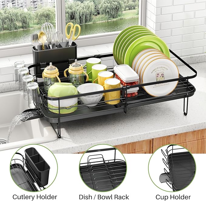 SNTD Dish Drying Rack, Expandable Dish Rack for Kitchen Counter, Metal Dish Drainer with Utensil & Cup Holder 13.8"-22.6" L x 12.1" W (Black)