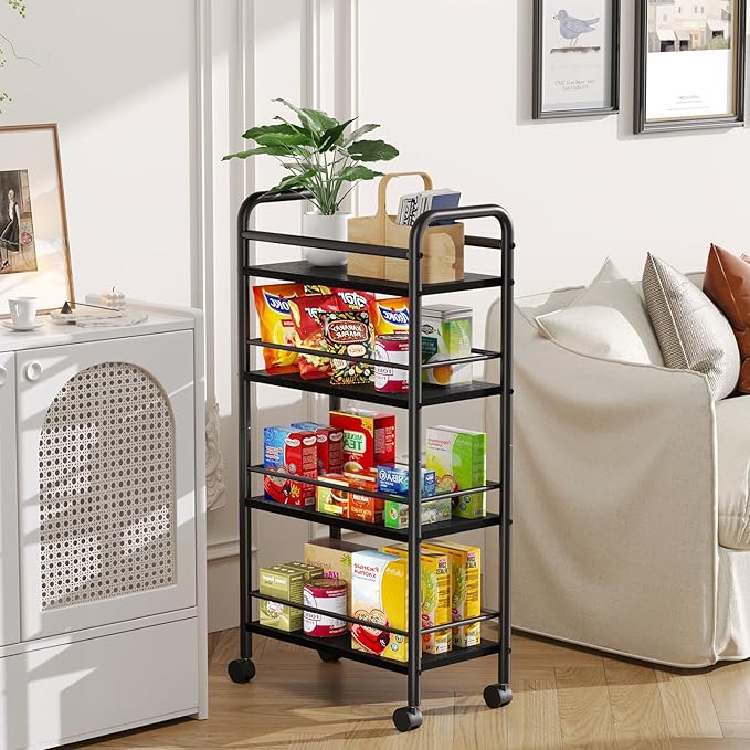 Slim Storage Cart, 4 Tier Small Rolling Bathroom cart Metal and Wood Skinny Utility Cart on Wheels for Narrow Kitchen Laundry Room Black
