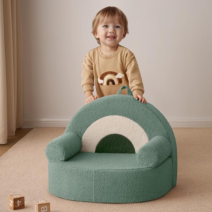 Blissful Diary Toddler Chair Comfy, Foam Kids Chair with Soft Teddy Plush, Toddler Reading Chair with Cute Arclet Designs- Sage Green-NeatNest