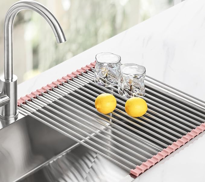 Tomorotec 17.7" x 15.5" Roll Up Dish Drying Rack Over Sink Drying Rack Sink Cover Kitchen Sink Accessories Gadget Multipurpose Organizer Foldable Stainless Steel Drainer