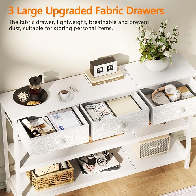 Furologee White Long 47" Console Sofa Table with 3 Drawers, Entryway Table with 3-Tier Storage Shelves, Display Shelf for Entry Way, Hallway, Couch, Living Room, Kitchen, Foyer-NeatNest
