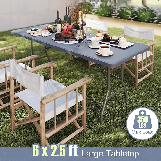 Goplus 6ft Plastic Folding Table, 350 LBS Outdoor Heavy Duty Folding Tables with HDPE Tabletop, Handle, Lock, Foldable Rectangle Portable Utility Card Table for Picnic, Party, Camping, Dining-NeatNest