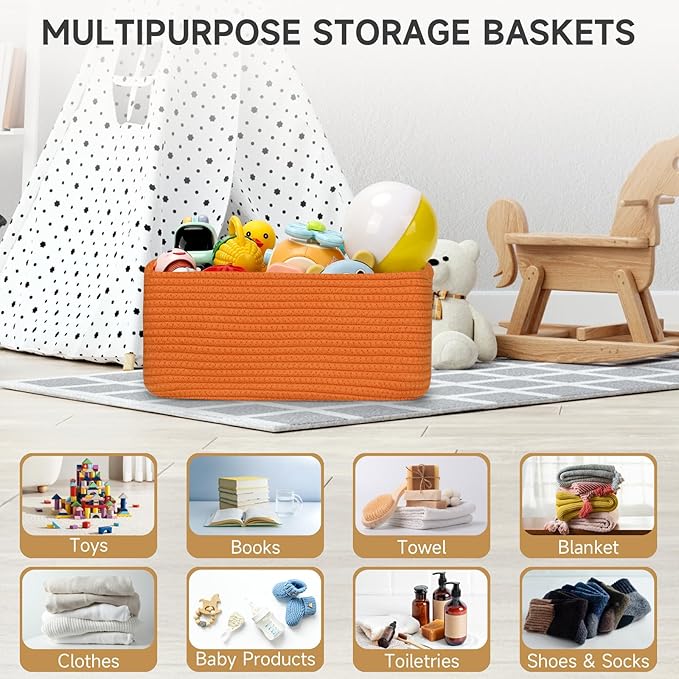 3-Pack Storage Baskets for Organizing | Woven Shelf Toy Basket | Rope Baskets for Gifts Empty | Closet Organizer Bins with Handles | Cube Decorative Box | 13.7×7.1×6.7” | Orange-NeatNest