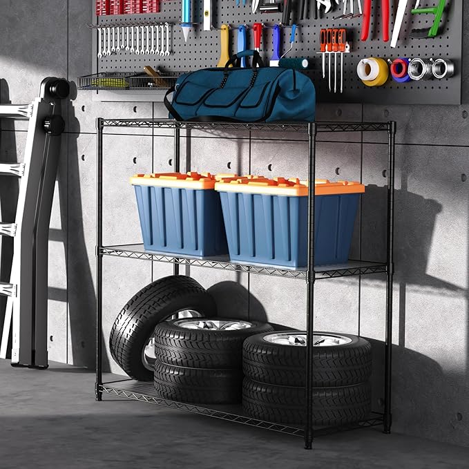 3 Tier NSF Wire Shelf Shelving Unit, 18 x 48 x 48 Inch 1050lbs Capacity Heavy Duty Adjustable Storage Metal Rack with Leveling Feet & Shelf Liners, Ideal for Garage, Kitchen, Office and More - Black