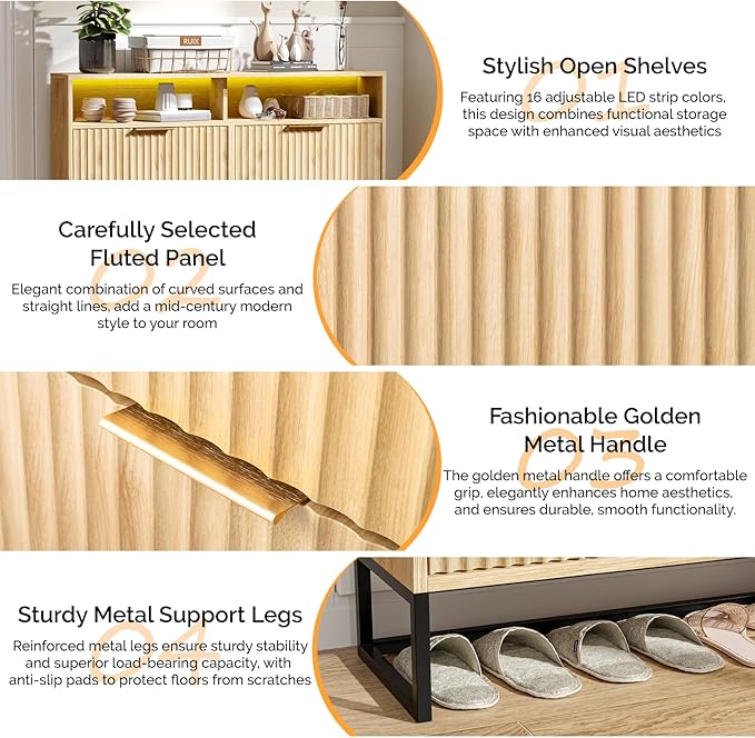 VINGLI Fluted Shoe Cabinet Storage for Entryway,Hidden Shoes Storage Cabinet with 4 Flip Drawers, Mid Century Modern Shoe Rack with LED Light,Shoes Organizer with Cubby for Hallway(Natural Oak)-NeatNest