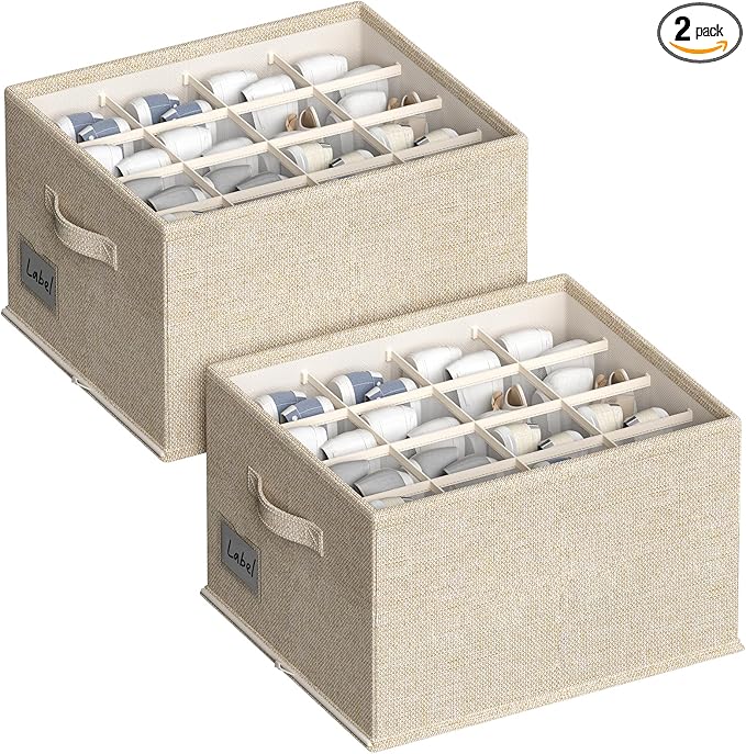 2 Pack Shoe Organizer For Closet, Fits 16-32 Pairs Fabric Shoe Storage Bins Large Shoe Box Storage Containers with Bottom Support For Shoes Space Saving Shoes Holder (Beige)-NeatNest