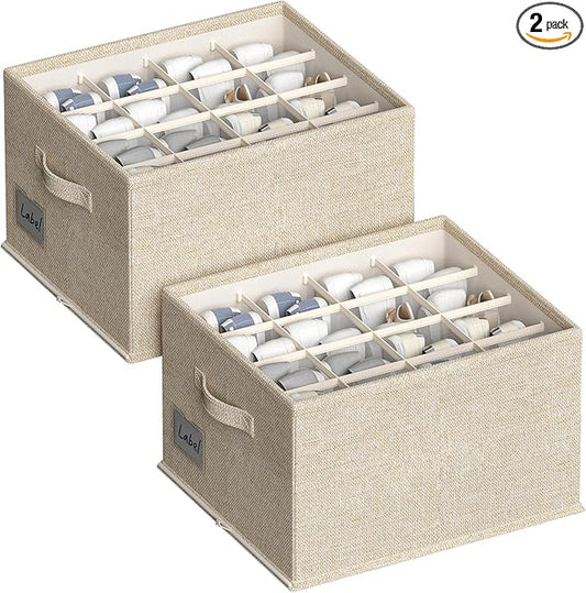 2 Pack Shoe Organizer For Closet, Fits 16-32 Pairs Fabric Shoe Storage Bins Large Shoe Box Storage Containers with Bottom Support For Shoes Space Saving Shoes Holder (Beige)-NeatNest