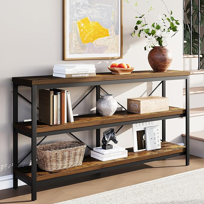 3-Tier Console Table, 55.1" Entryway Table with Metal Frame and Open Shelves, Modern Behind Couch Sofa Table for Living Room, Hallway, Foyer, Entrance, Industrial, Bookshelf, Rustic Brown-NeatNest