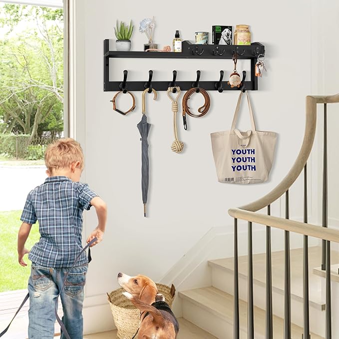 Coat Rack Wall Mount with Shelf, 27.5" Entryway Wall Hanging Shelf, Coat and Key Hanger with 10 Dual Hooks, Mail Organizer and Key Holder Hat Rack for Wall, Wood Coat Hooks with Storage-NeatNest