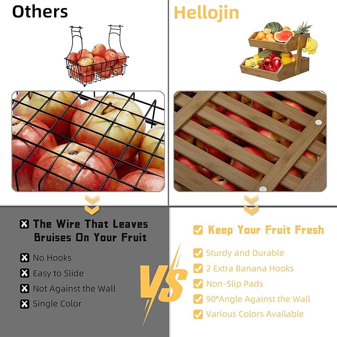 2 Tier Fruit Basket for Kitchen Counter, Large Capacity Fruit Storage Countertop, Fruit Holder, Wooden Pantry Organizers and Storage, Kitchen Countertop Organizer With Two Banana Hangers (Walnut)