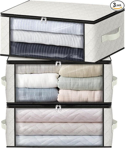 HomeHacks Storage 3-Pack Clothes Organizer Storage Bags Foldable Storage Box with Large Clear Window Sturdy Handles for Closet, Dorm, Pillows, Bedding, Clothes, Blankets, 35L, Ivory-NeatNest