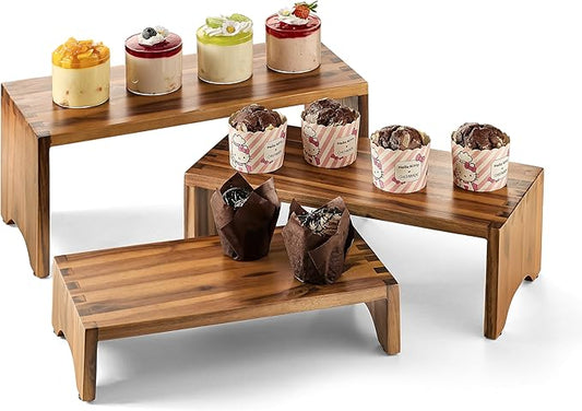 Acacia Wood Risers Display Stands Set of 3 - Wooden 3 Tier Cupcake Stand - 3 Tiered Riser for Vendors - Decorative Display Risers for Food Desserts Stand, Perfume, Funko POP at Party Wedding-NeatNest