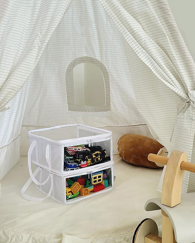 holay 2 Pack Storage Bins PVC Boxes with Transparent Lid & Handles - Durable & Foldable - Multi-Purpose Organizer for Clothes, Books, and More (White, Medium)-NeatNest