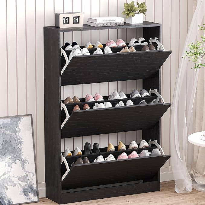 Shoe Storage Cabinet with 3 Flip Drawers,Narrow Shoe Rack Cabinet,Freestanding Organizer Storage for Entryway, Hallway, Black