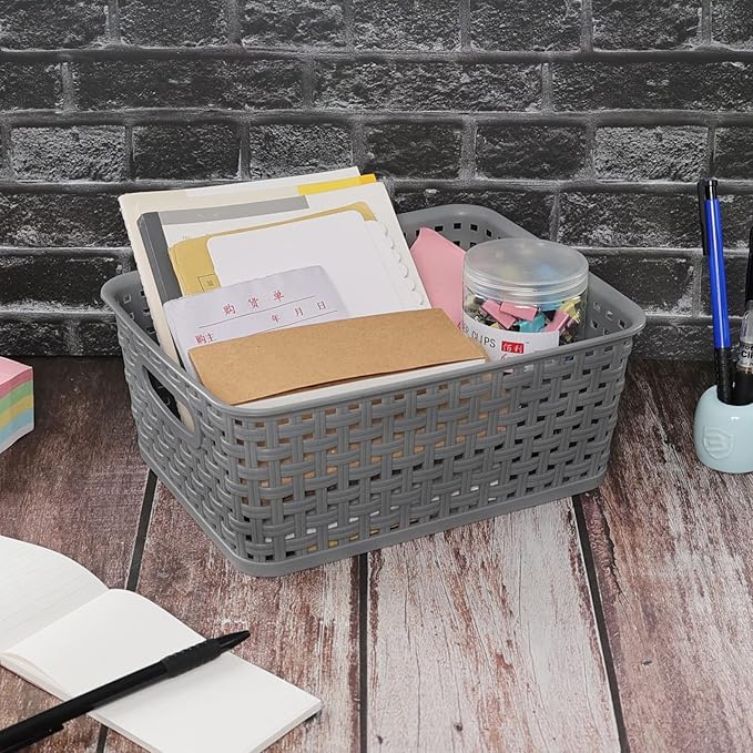Anbers Small Plastic Storage Basket Pack of 6, Gray Pantry Storage Bins-NeatNest